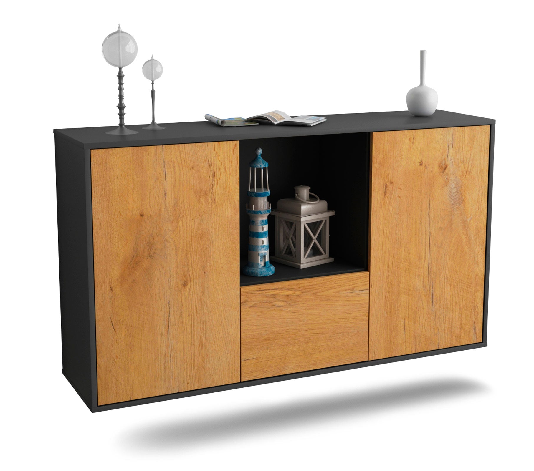 Sideboard Garden Grove | hängend | Korpus Anthrazit | Front in Eiche Holz Optik | 136x79x35cm (BxHxT) 1 Sideboard Garden Grove | hängend | Korpus Anthrazit | Front in Eiche Holz Optik | 136x79x35cm (BxHxT)