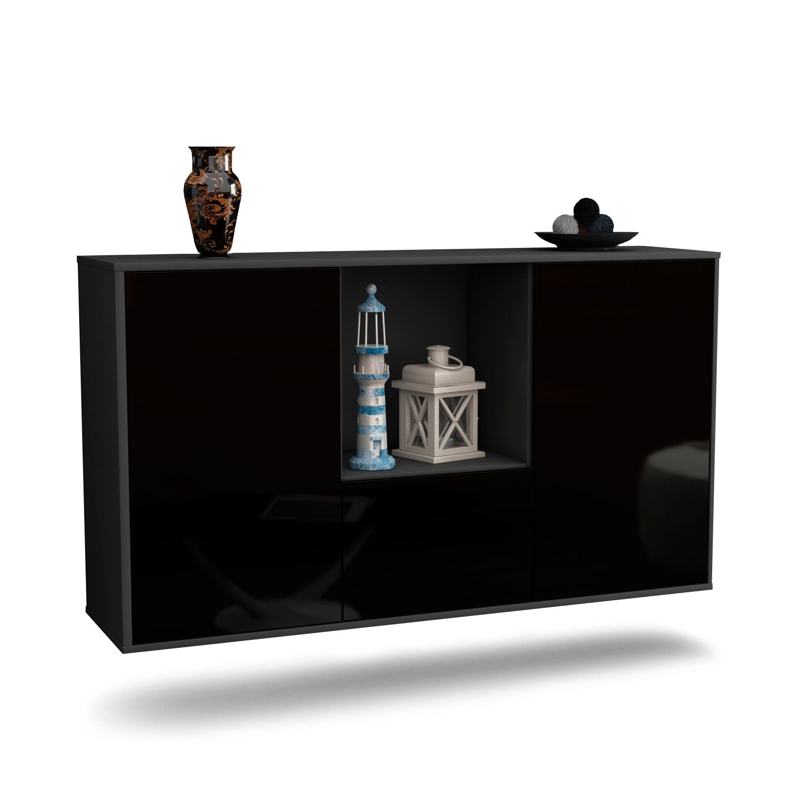 Sideboard Garden Grove | hängend | Korpus Anthrazit | Front in Hochglanz Schwarz | 136x79x35cm (BxHxT) 1 Sideboard Garden Grove | hängend | Korpus Anthrazit | Front in Hochglanz Schwarz | 136x79x35cm (BxHxT)