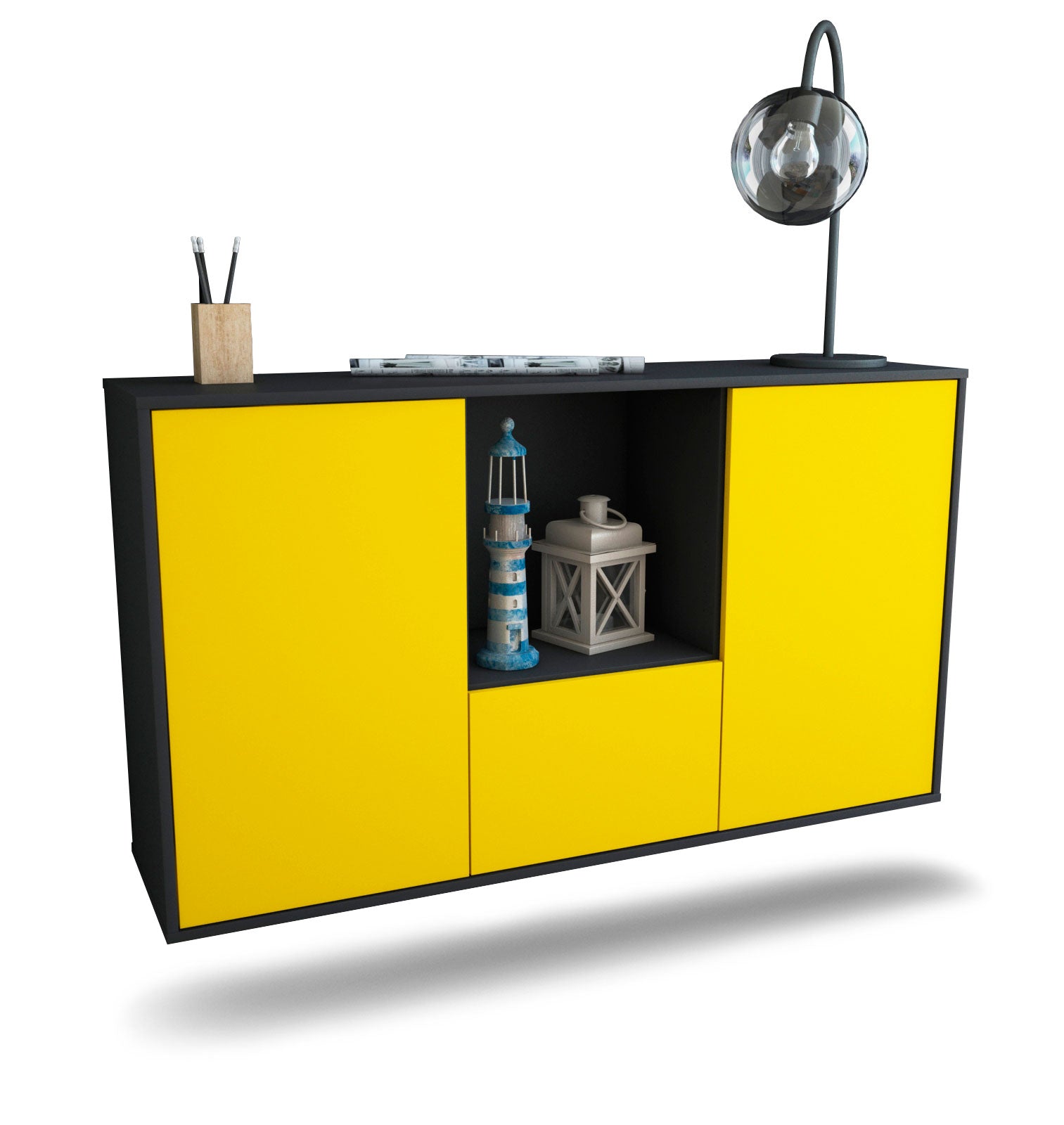 Sideboard Garden Grove | hängend | Korpus Anthrazit | Front in Gelb | 136x79x35cm (BxHxT) 1 Sideboard Garden Grove | hängend | Korpus Anthrazit | Front in Gelb | 136x79x35cm (BxHxT)