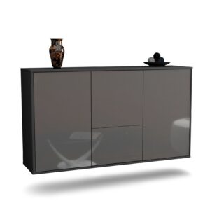 Sideboard Vancouver | hängend | Korpus Anthrazit | Front in Hochglanz Grau | 136x79x35cm (BxHxT)