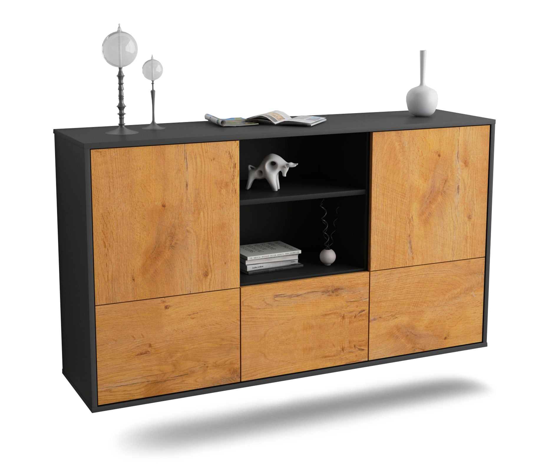 Sideboard Grand Prairie | hängend | Korpus Anthrazit | Front in Eiche Holz Optik | 136x79x35cm (BxHxT) 1 Sideboard Grand Prairie | hängend | Korpus Anthrazit | Front in Eiche Holz Optik | 136x79x35cm (BxHxT)