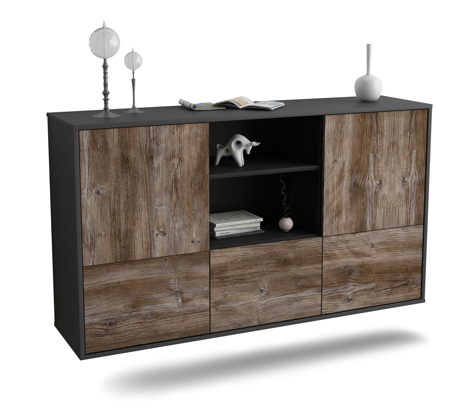 Sideboard Grand Prairie | hängend | Korpus Anthrazit | Front in Treibholz Holz Optik | 136x79x35cm (BxHxT) 1 Sideboard Grand Prairie | hängend | Korpus Anthrazit | Front in Treibholz Holz Optik | 136x79x35cm (BxHxT)