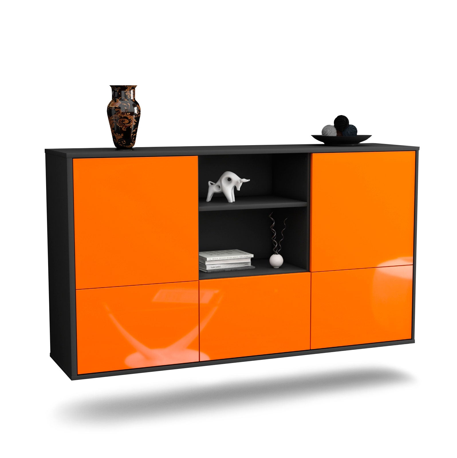 Sideboard Grand Prairie | hängend | Korpus Anthrazit | Front in Hochglanz Orange | 136x79x35cm (BxHxT) 1 Sideboard Grand Prairie | hängend | Korpus Anthrazit | Front in Hochglanz Orange | 136x79x35cm (BxHxT)