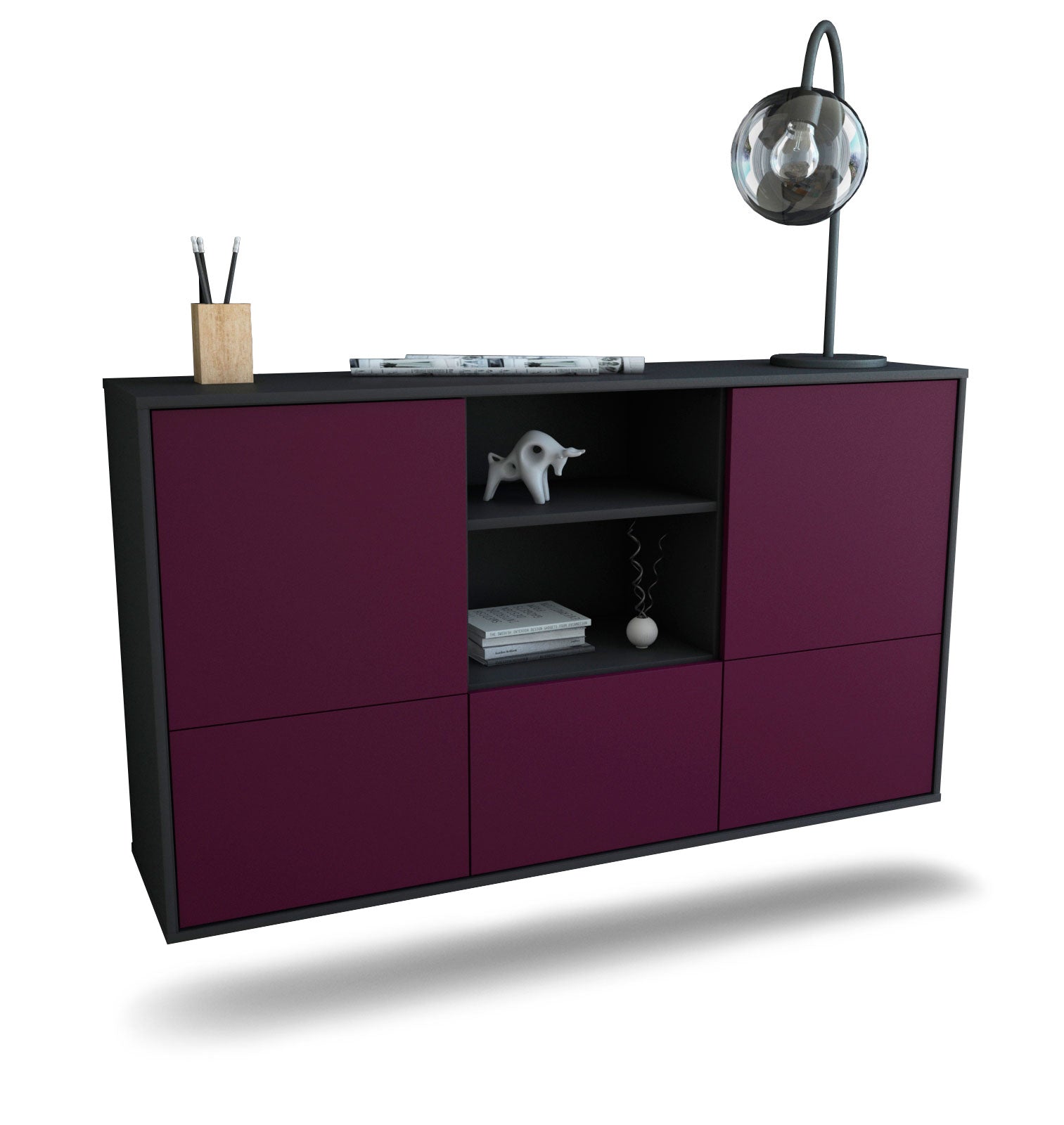 Sideboard Grand Prairie | hängend | Korpus Anthrazit | Front in Lila | 136x79x35cm (BxHxT) 1 Sideboard Grand Prairie | hängend | Korpus Anthrazit | Front in Lila | 136x79x35cm (BxHxT)