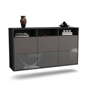 Sideboard Cape Coral | hängend | Korpus Anthrazit | Front in Hochglanz Grau | 136x79x35cm (BxHxT)