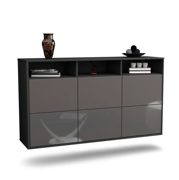 Sideboard Cape Coral | hängend | Korpus Anthrazit | Front in Hochglanz Grau | 136x79x35cm (BxHxT)