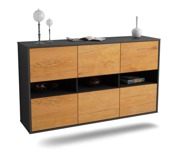 Sideboard Rockford | hängend | Korpus Anthrazit | Front in Eiche Holz Optik | 136x79x35cm (BxHxT)