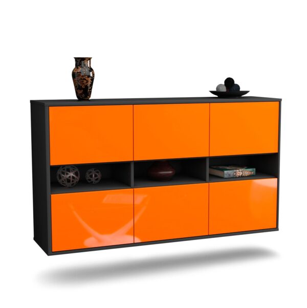Sideboard Rockford | hängend | Korpus Anthrazit | Front in Hochglanz Orange | 136x79x35cm (BxHxT)