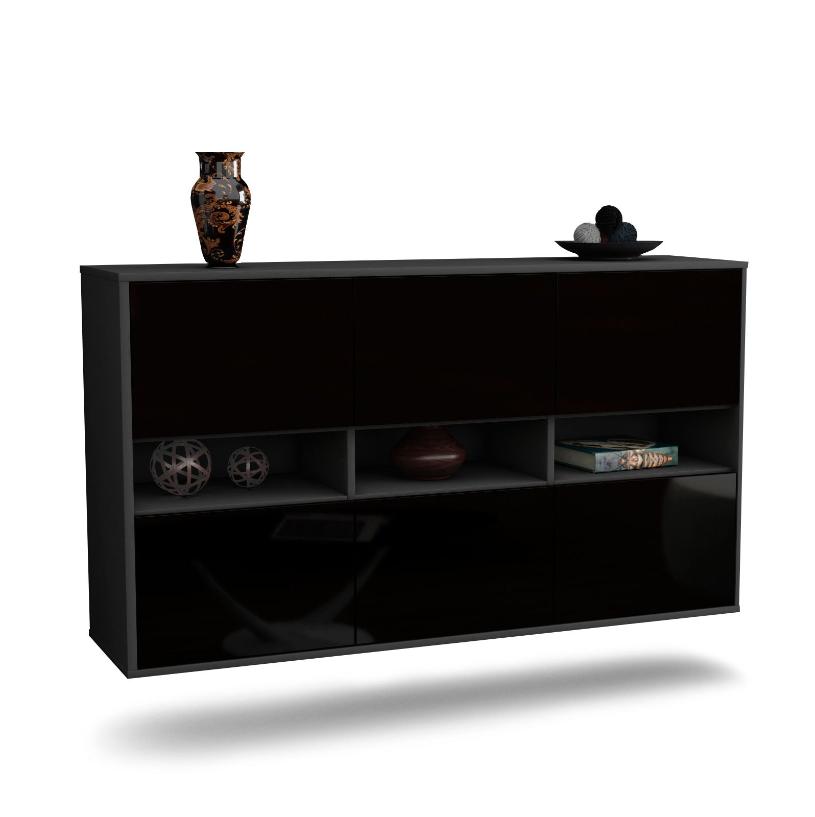 Sideboard Rockford | hängend | Korpus Anthrazit | Front in Hochglanz Schwarz | 136x79x35cm (BxHxT) 1 Sideboard Rockford | hängend | Korpus Anthrazit | Front in Hochglanz Schwarz | 136x79x35cm (BxHxT)