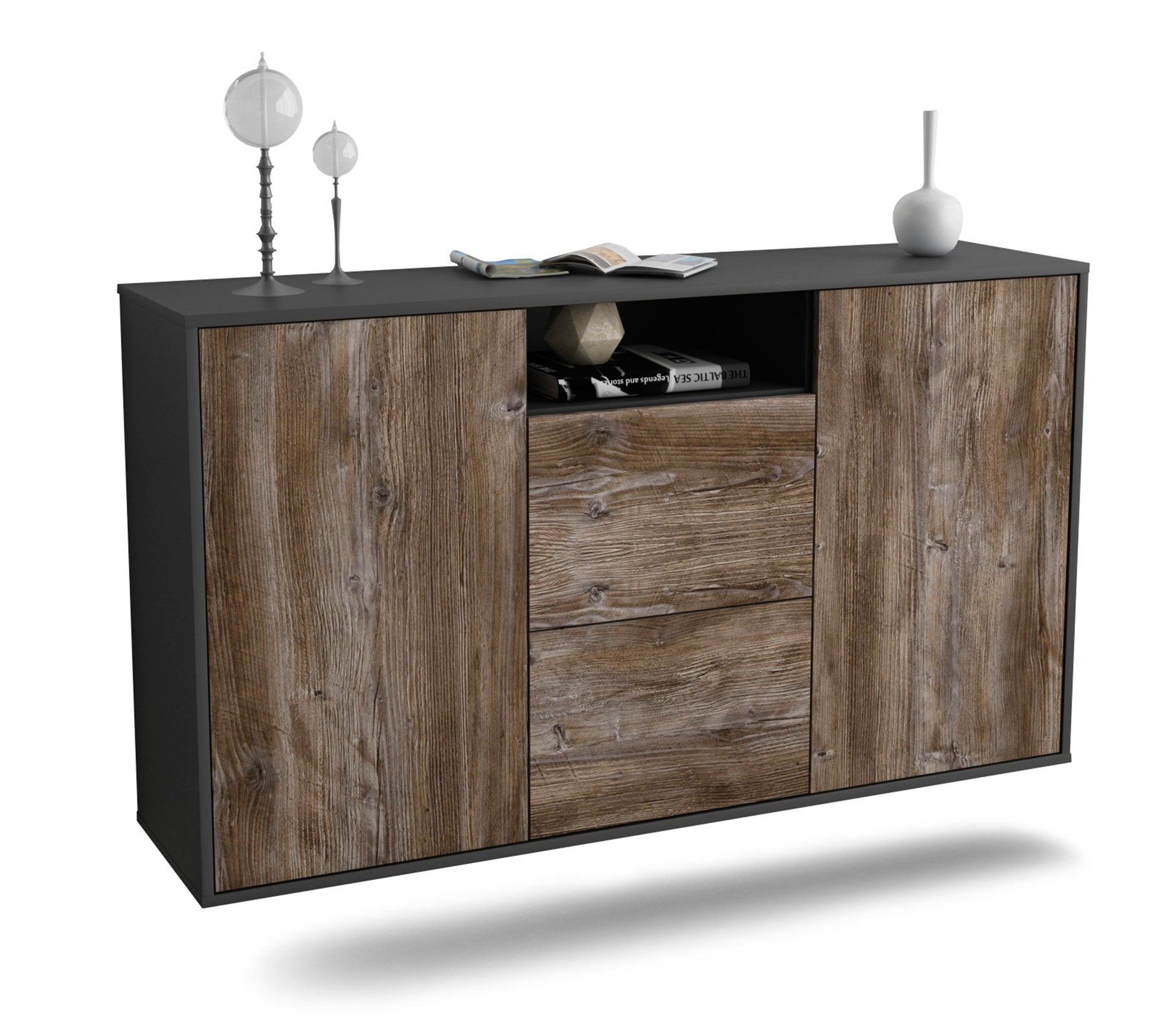 Sideboard Dayton | hängend | Korpus Anthrazit | Front in Treibholz Holz Optik | 136x79x35cm (BxHxT) 1 Sideboard Dayton | hängend | Korpus Anthrazit | Front in Treibholz Holz Optik | 136x79x35cm (BxHxT)