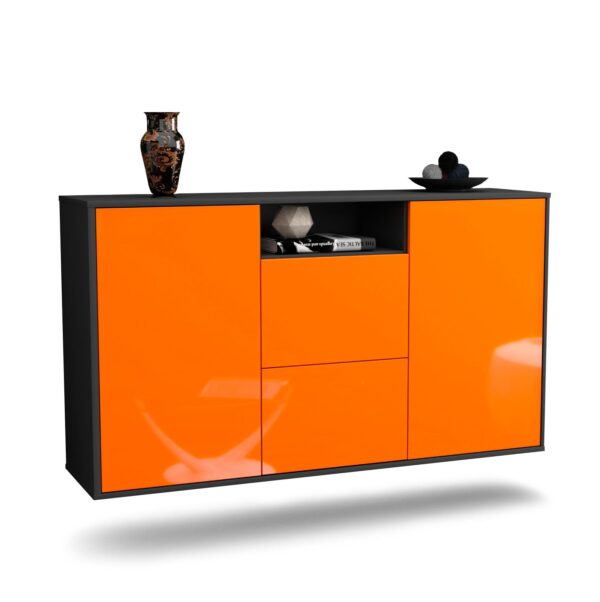 Sideboard Dayton | hängend | Korpus Anthrazit | Front in Hochglanz Orange | 136x79x35cm (BxHxT)