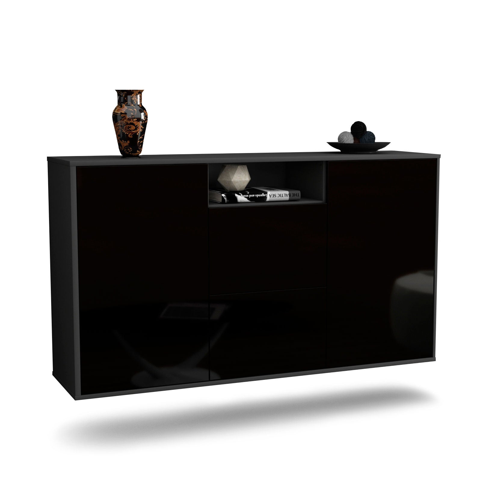 Sideboard Dayton | hängend | Korpus Anthrazit | Front in Hochglanz Schwarz | 136x79x35cm (BxHxT) 1 Sideboard Dayton | hängend | Korpus Anthrazit | Front in Hochglanz Schwarz | 136x79x35cm (BxHxT)