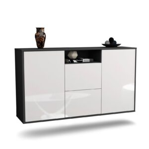 Sideboard Dayton | hängend | Korpus Anthrazit | Front in Hochglanz Weiß | 136x79x35cm (BxHxT)