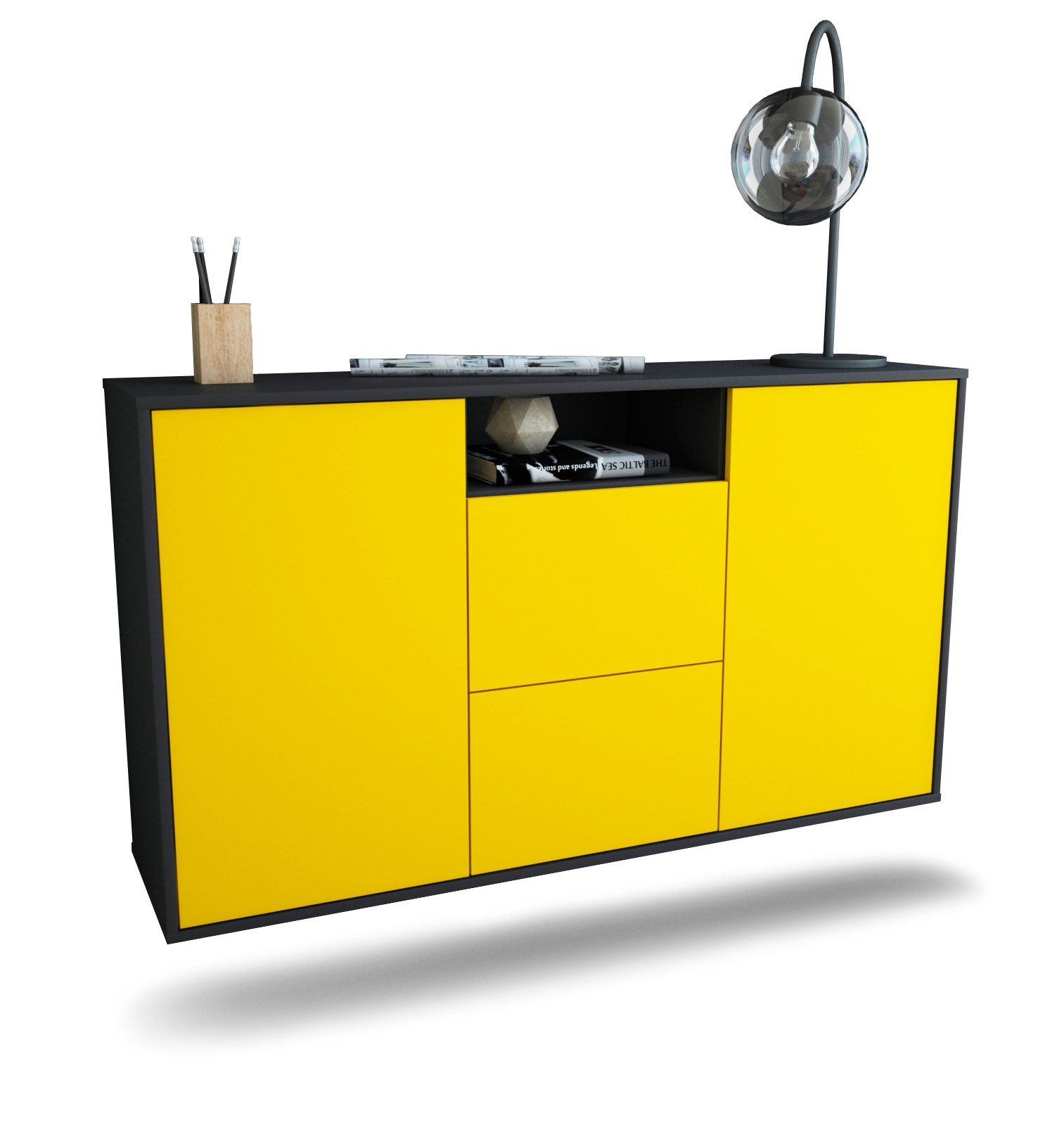 Sideboard Dayton | hängend | Korpus Anthrazit | Front in Gelb | 136x79x35cm (BxHxT) 1 Sideboard Dayton | hängend | Korpus Anthrazit | Front in Gelb | 136x79x35cm (BxHxT)