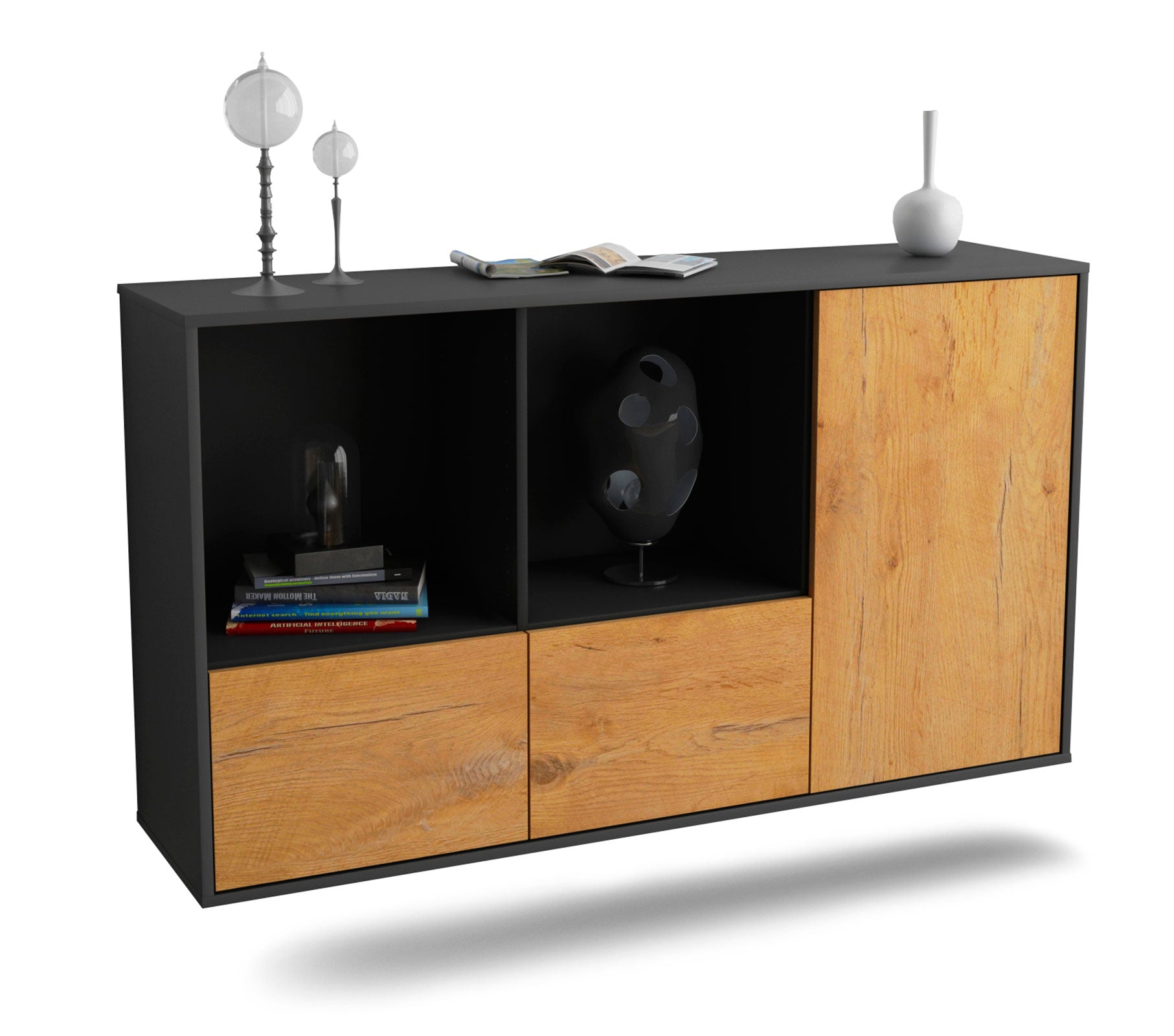 Sideboard Springfield | hängend | Korpus Anthrazit | Front in Eiche Holz Optik | 136x79x35cm (BxHxT) 1 Sideboard Springfield | hängend | Korpus Anthrazit | Front in Eiche Holz Optik | 136x79x35cm (BxHxT)
