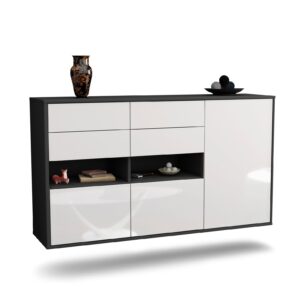 Sideboard Santa Rosa | hängend | Korpus Anthrazit | Front in Hochglanz Weiß | 136x79x35cm (BxHxT)