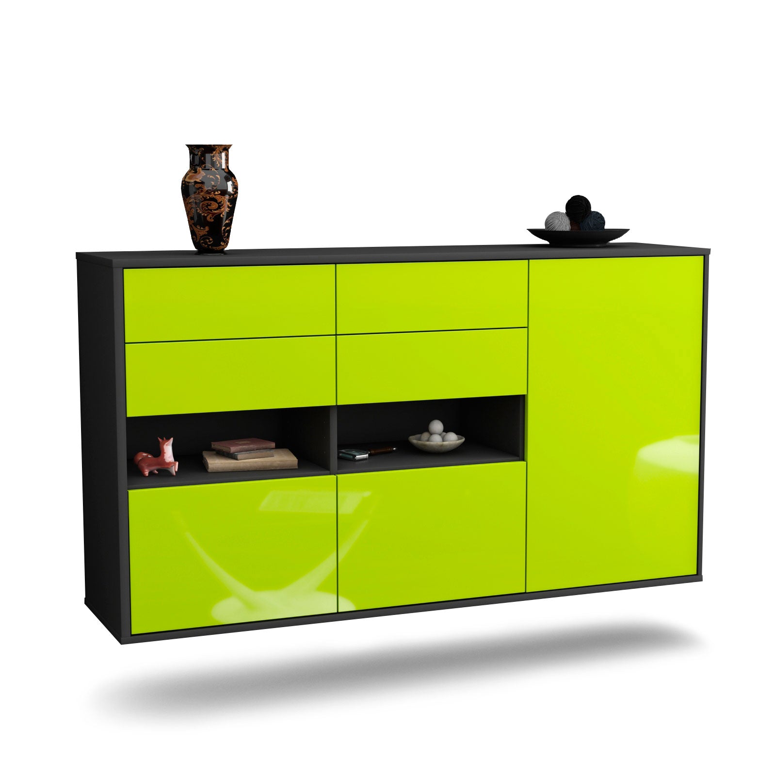 Sideboard Santa Rosa | hängend | Korpus Anthrazit | Front in Hochglanz Grün | 136x79x35cm (BxHxT) 1 Sideboard Santa Rosa | hängend | Korpus Anthrazit | Front in Hochglanz Grün | 136x79x35cm (BxHxT)