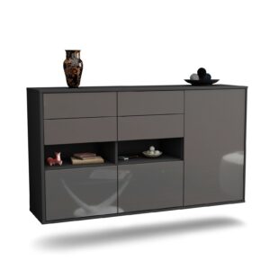 Sideboard Santa Rosa | hängend | Korpus Anthrazit | Front in Hochglanz Grau | 136x79x35cm (BxHxT)