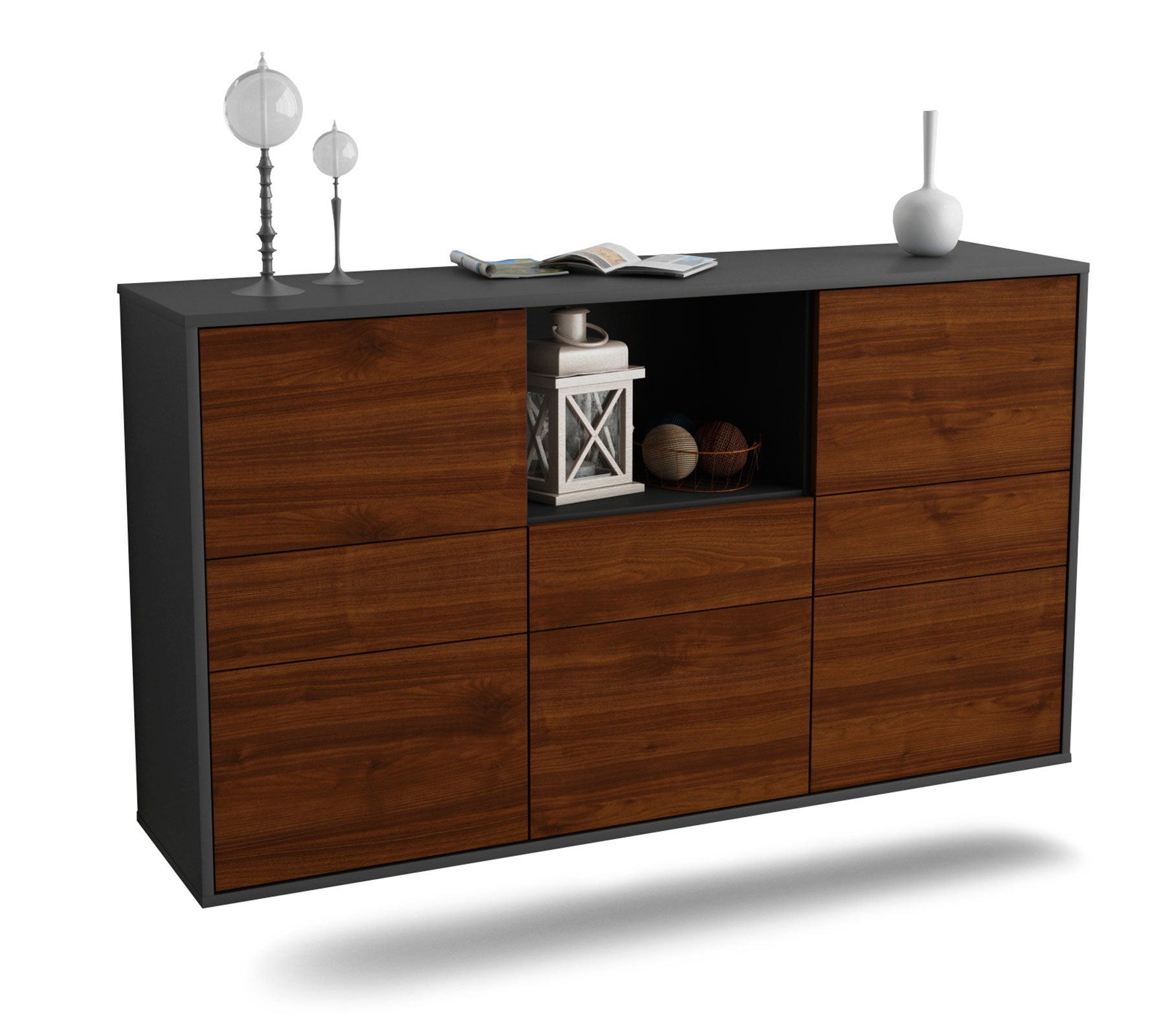 Sideboard Pomona | hängend | Korpus Anthrazit | Front in Walnuss Holz Optik | 136x79x35cm (BxHxT) 1 Sideboard Pomona | hängend | Korpus Anthrazit | Front in Walnuss Holz Optik | 136x79x35cm (BxHxT)