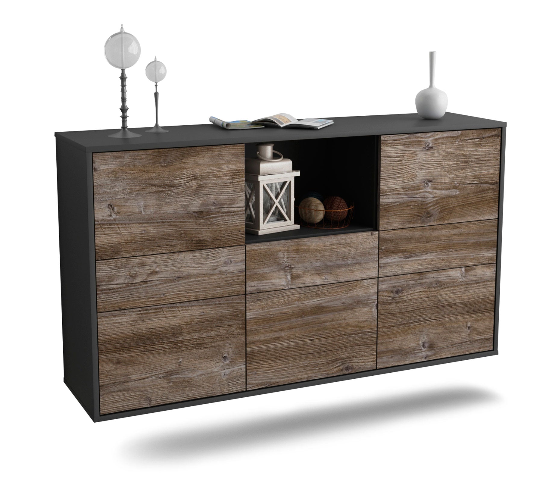 Sideboard Pomona | hängend | Korpus Anthrazit | Front in Treibholz Holz Optik | 136x79x35cm (BxHxT) 1 Sideboard Pomona | hängend | Korpus Anthrazit | Front in Treibholz Holz Optik | 136x79x35cm (BxHxT)