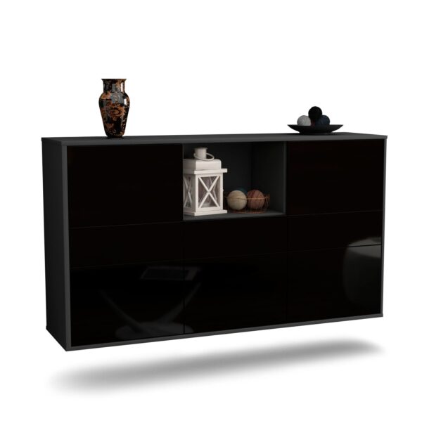 Sideboard Pomona | hängend | Korpus Anthrazit | Front in Hochglanz Schwarz | 136x79x35cm (BxHxT)