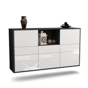 Sideboard Pomona | hängend | Korpus Anthrazit | Front in Hochglanz Weiß | 136x79x35cm (BxHxT)