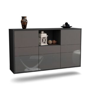 Sideboard Pomona | hängend | Korpus Anthrazit | Front in Hochglanz Grau | 136x79x35cm (BxHxT)