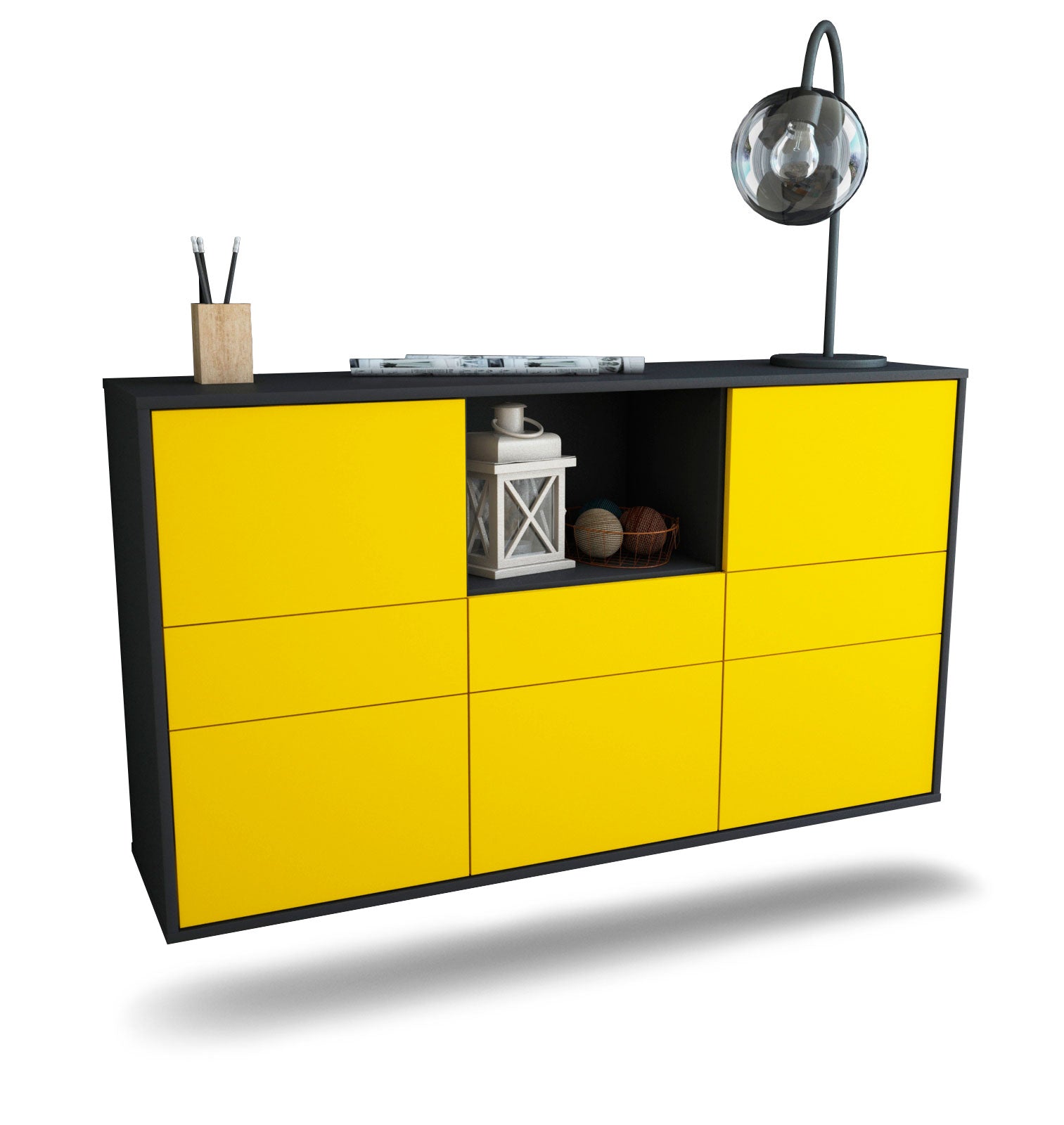 Sideboard Pomona | hängend | Korpus Anthrazit | Front in Gelb | 136x79x35cm (BxHxT) 1 Sideboard Pomona | hängend | Korpus Anthrazit | Front in Gelb | 136x79x35cm (BxHxT)