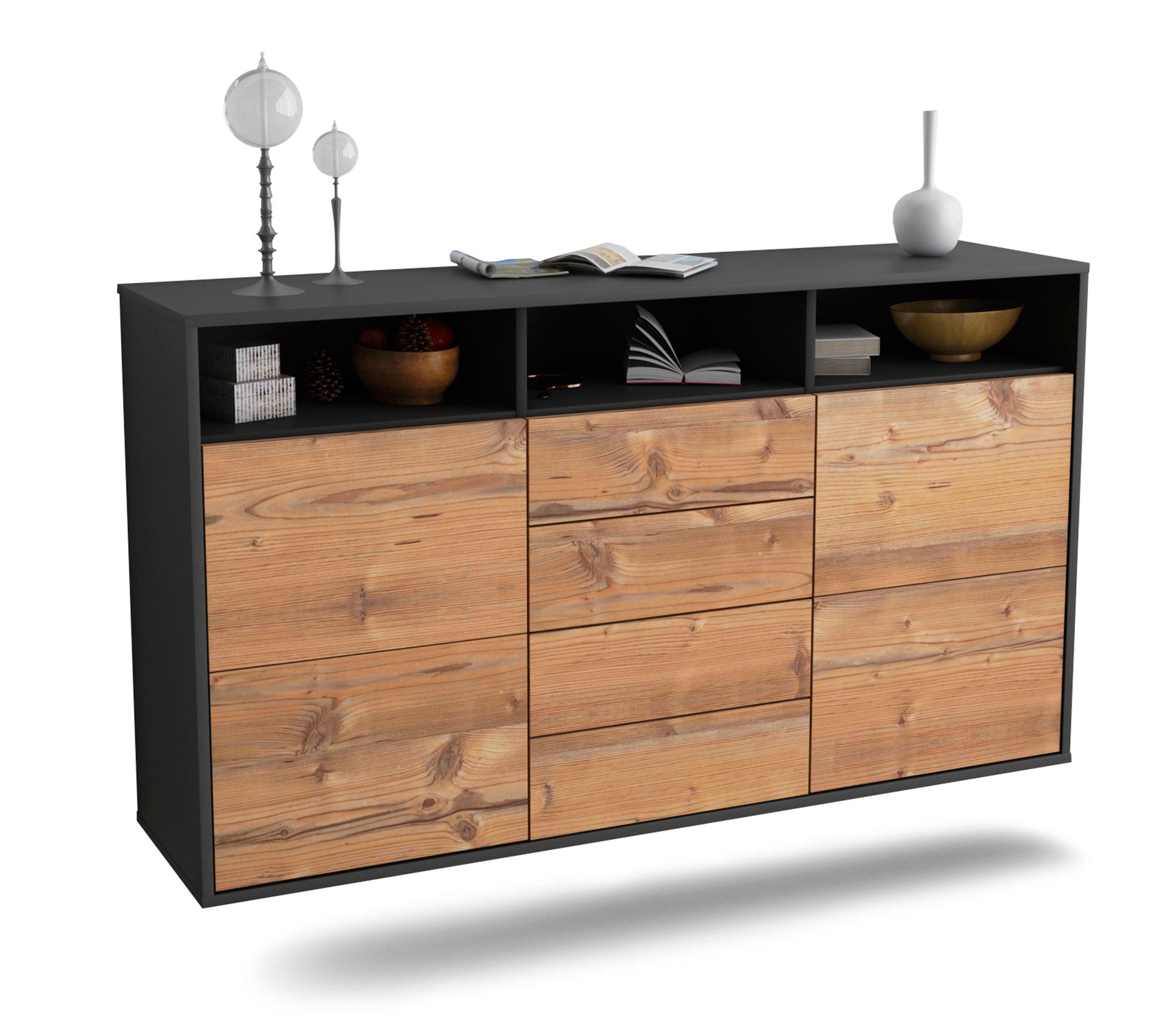 Sideboard Salem | hängend | Korpus Anthrazit | Front in Pinie Holz Optik | 136x79x35cm (BxHxT) 1 Sideboard Salem | hängend | Korpus Anthrazit | Front in Pinie Holz Optik | 136x79x35cm (BxHxT)