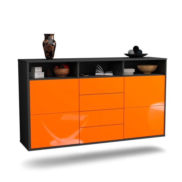 Sideboard Salem | hängend | Korpus Anthrazit | Front in Hochglanz Orange | 136x79x35cm (BxHxT)