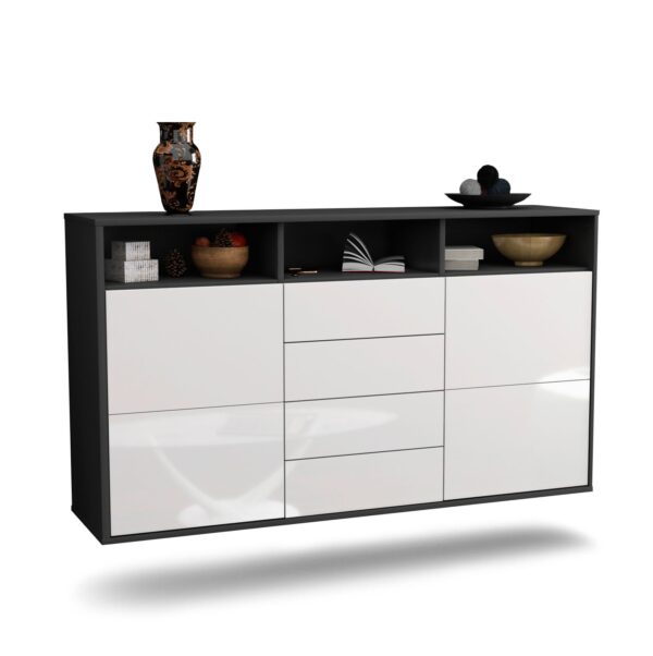 Sideboard Salem | hängend | Korpus Anthrazit | Front in Hochglanz Weiß | 136x79x35cm (BxHxT)