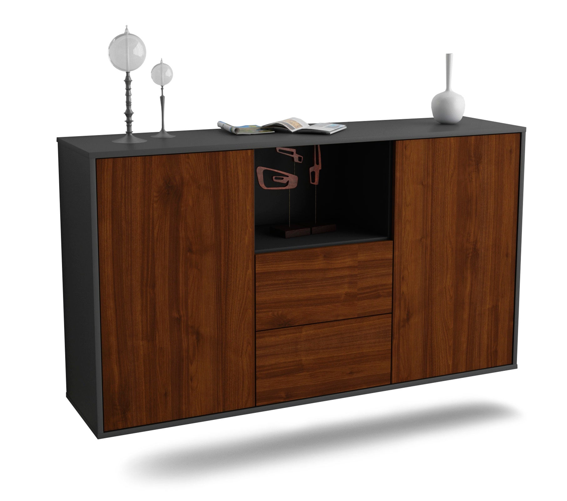 Sideboard Port St. Lucie | hängend | Korpus Anthrazit | Front in Walnuss Holz Optik | 136x79x35cm (BxHxT) 1 Sideboard Port St. Lucie | hängend | Korpus Anthrazit | Front in Walnuss Holz Optik | 136x79x35cm (BxHxT)