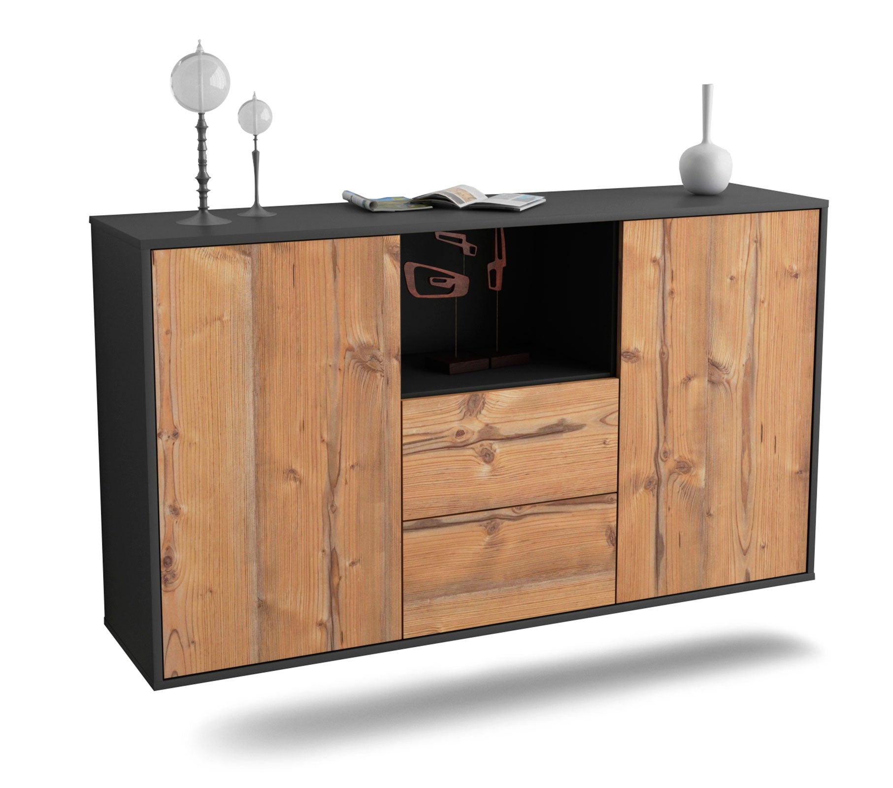 Sideboard Port St. Lucie | hängend | Korpus Anthrazit | Front in Pinie Holz Optik | 136x79x35cm (BxHxT) 1 Sideboard Port St. Lucie | hängend | Korpus Anthrazit | Front in Pinie Holz Optik | 136x79x35cm (BxHxT)