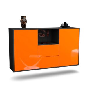 Sideboard Port St. Lucie | hängend | Korpus Anthrazit | Front in Hochglanz Orange | 136x79x35cm (BxHxT)
