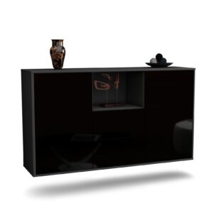 Sideboard Port St. Lucie | hängend | Korpus Anthrazit | Front in Hochglanz Schwarz | 136x79x35cm (BxHxT)
