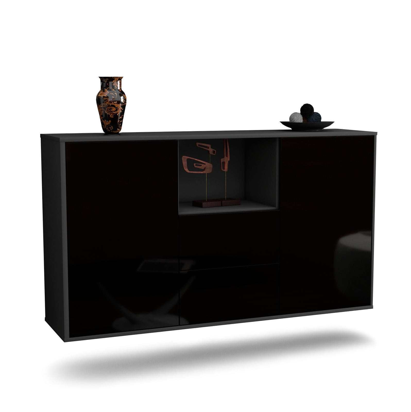 Sideboard Port St. Lucie | hängend | Korpus Anthrazit | Front in Hochglanz Schwarz | 136x79x35cm (BxHxT) 1 Sideboard Port St. Lucie | hängend | Korpus Anthrazit | Front in Hochglanz Schwarz | 136x79x35cm (BxHxT)