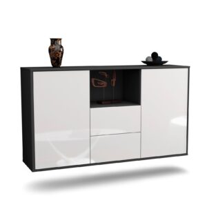 Sideboard Port St. Lucie | hängend | Korpus Anthrazit | Front in Hochglanz Weiß | 136x79x35cm (BxHxT)