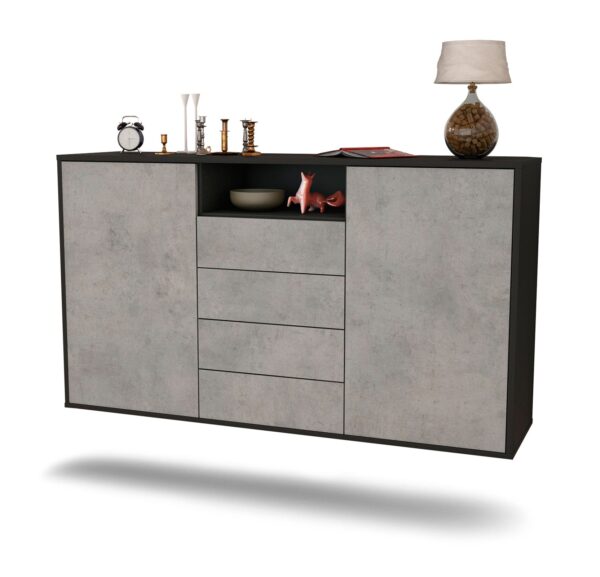 Sideboard Eugene | hängend | Korpus Anthrazit | Front in Beton Optik | 136x79x35cm (BxHxT)