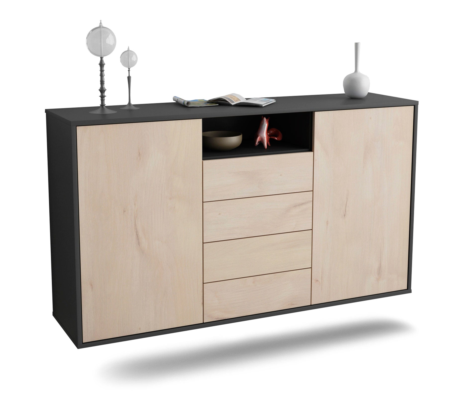 Sideboard Eugene | hängend | Korpus Anthrazit | Front in Zeder Holz Optik | 136x79x35cm (BxHxT) 1 Sideboard Eugene | hängend | Korpus Anthrazit | Front in Zeder Holz Optik | 136x79x35cm (BxHxT)