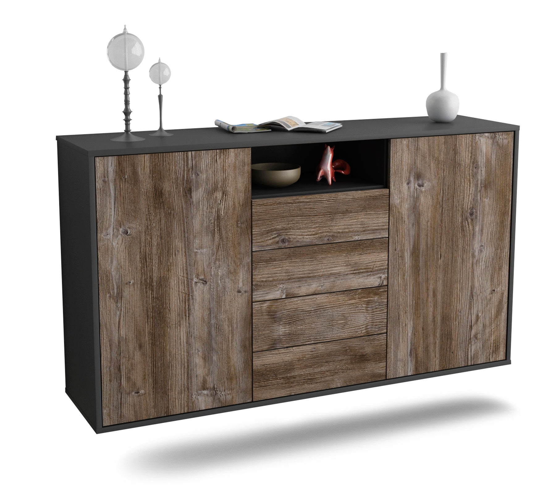 Sideboard Eugene | hängend | Korpus Anthrazit | Front in Treibholz Holz Optik | 136x79x35cm (BxHxT) 1 Sideboard Eugene | hängend | Korpus Anthrazit | Front in Treibholz Holz Optik | 136x79x35cm (BxHxT)
