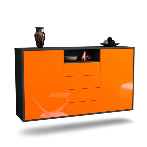 Sideboard Eugene | hängend | Korpus Anthrazit | Front in Hochglanz Orange | 136x79x35cm (BxHxT)