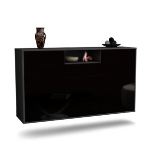 Sideboard Eugene | hängend | Korpus Anthrazit | Front in Hochglanz Schwarz | 136x79x35cm (BxHxT)