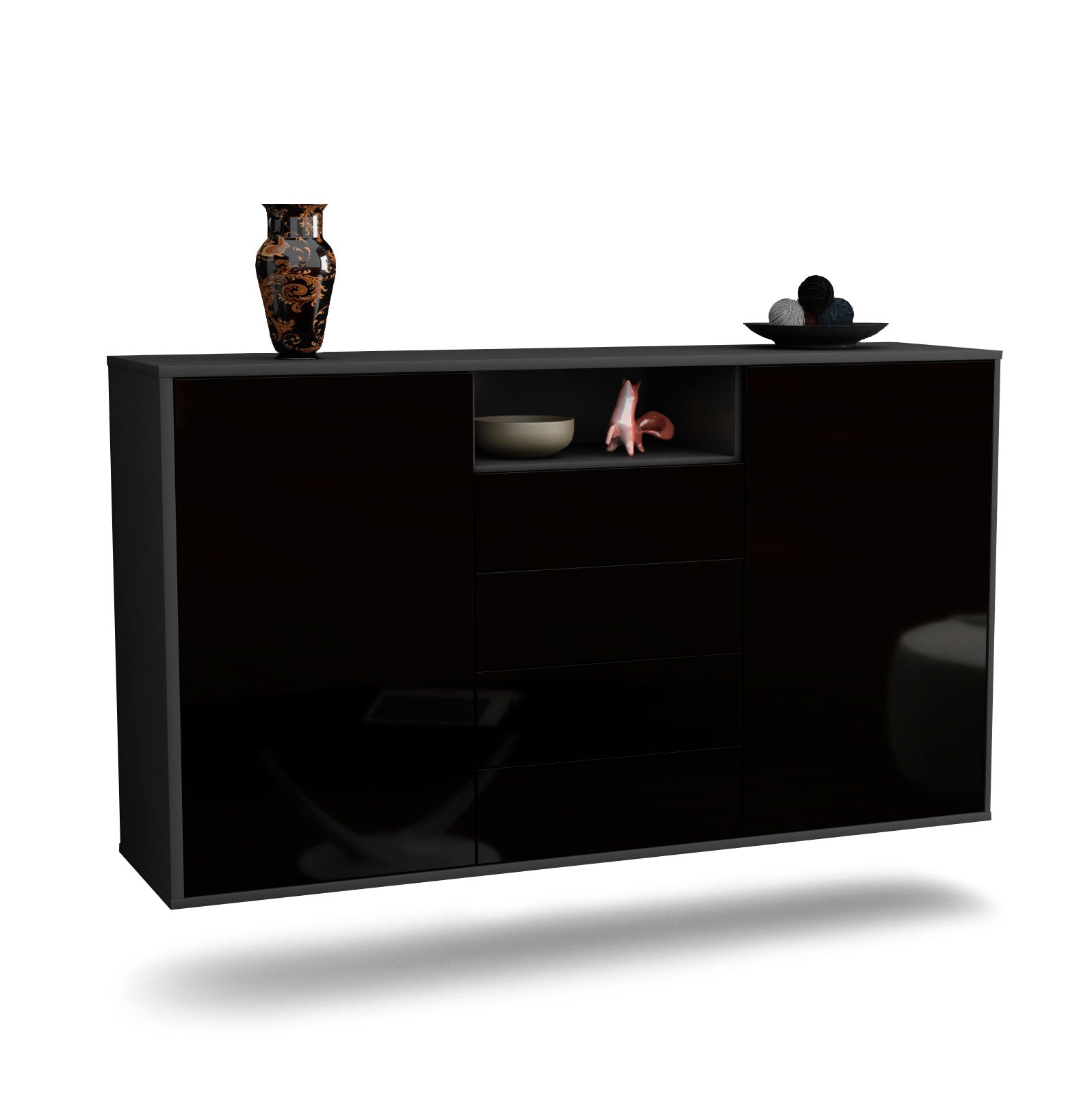 Sideboard Eugene | hängend | Korpus Anthrazit | Front in Hochglanz Schwarz | 136x79x35cm (BxHxT) 1 Sideboard Eugene | hängend | Korpus Anthrazit | Front in Hochglanz Schwarz | 136x79x35cm (BxHxT)