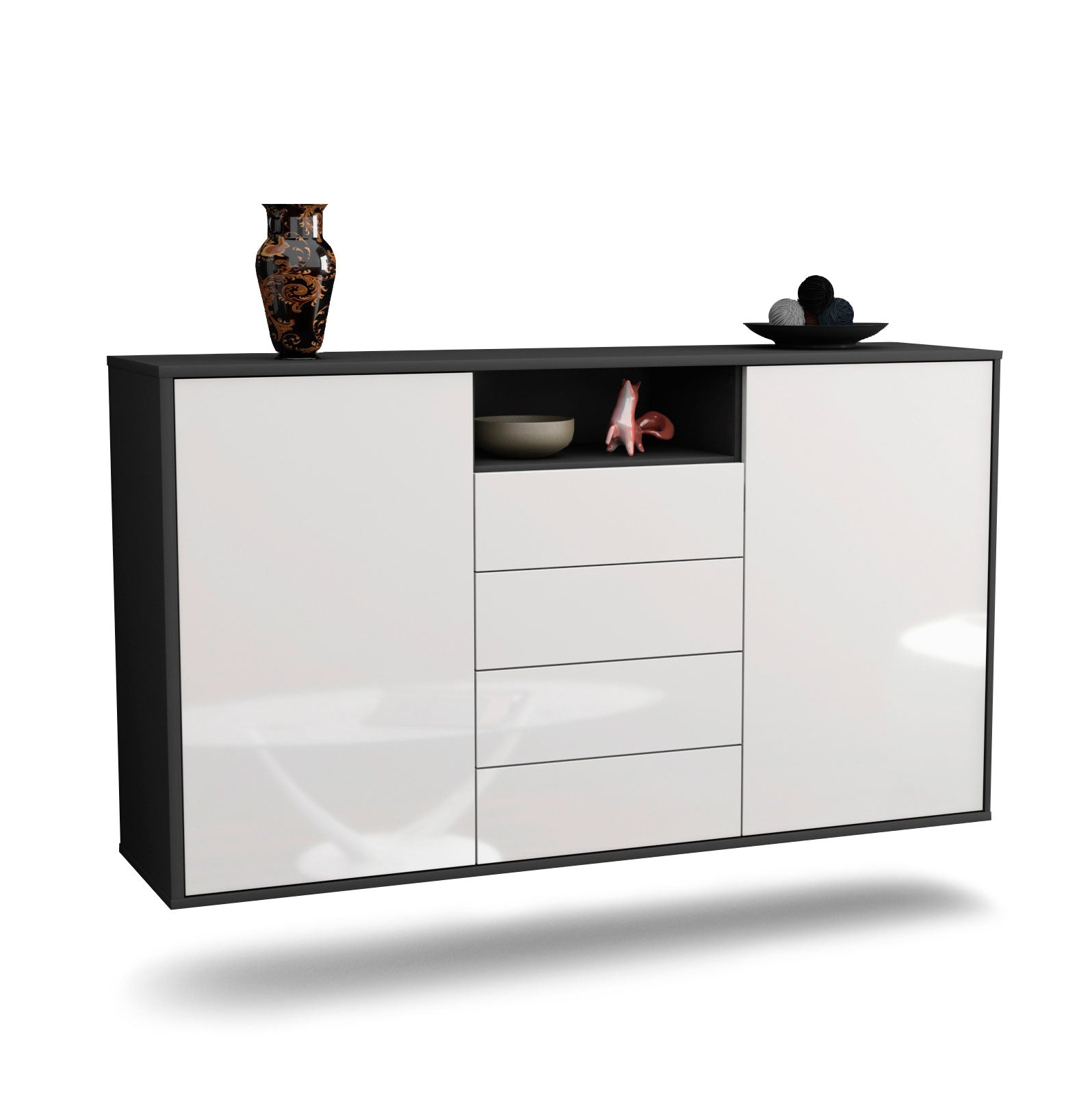 Sideboard Eugene | hängend | Korpus Anthrazit | Front in Hochglanz Weiß | 136x79x35cm (BxHxT) 1 Sideboard Eugene | hängend | Korpus Anthrazit | Front in Hochglanz Weiß | 136x79x35cm (BxHxT)