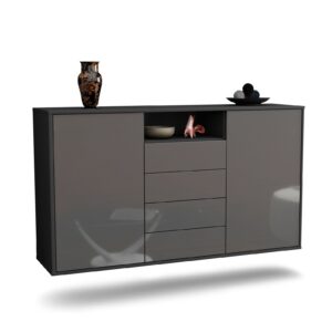 Sideboard Eugene | hängend | Korpus Anthrazit | Front in Hochglanz Grau | 136x79x35cm (BxHxT)
