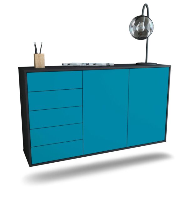 Sideboard Peoria | hängend | Korpus Anthrazit | Front in Türkis | 136x79x35cm (BxHxT)