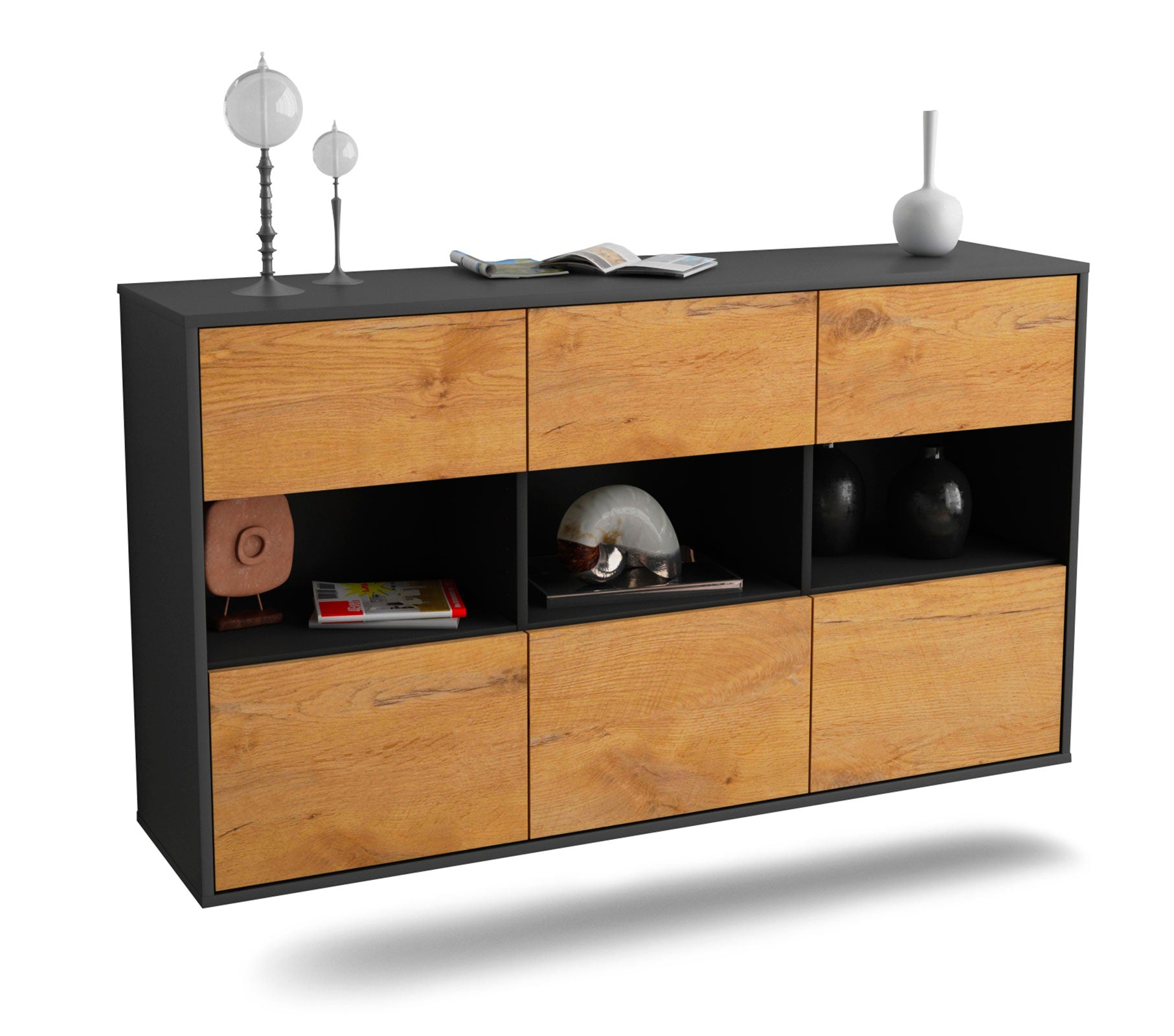 Sideboard Paterson | hängend | Korpus Anthrazit | Front in Eiche Holz Optik | 136x79x35cm (BxHxT) 1 Sideboard Paterson | hängend | Korpus Anthrazit | Front in Eiche Holz Optik | 136x79x35cm (BxHxT)