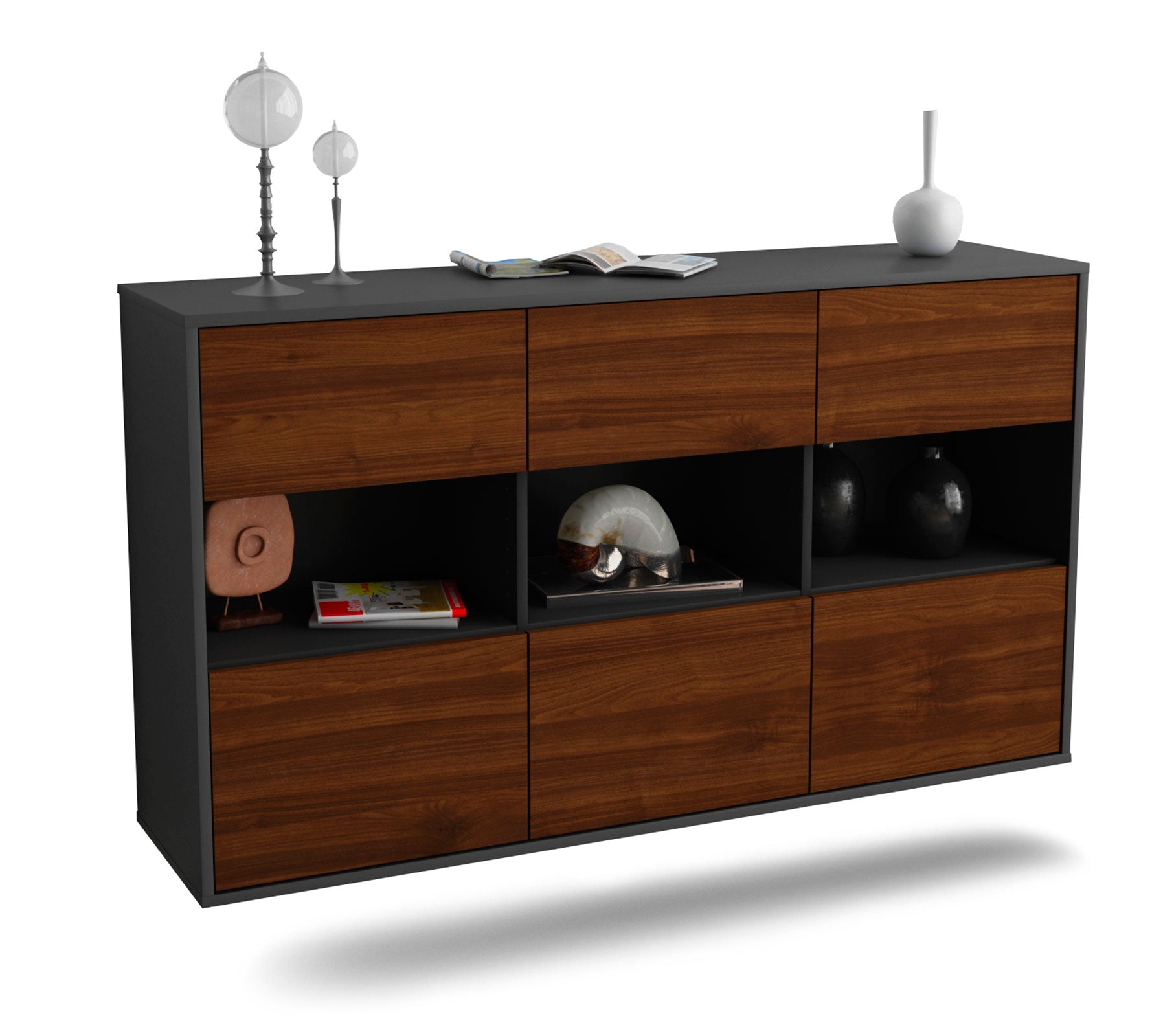 Sideboard Paterson | hängend | Korpus Anthrazit | Front in Walnuss Holz Optik | 136x79x35cm (BxHxT) 1 Sideboard Paterson | hängend | Korpus Anthrazit | Front in Walnuss Holz Optik | 136x79x35cm (BxHxT)