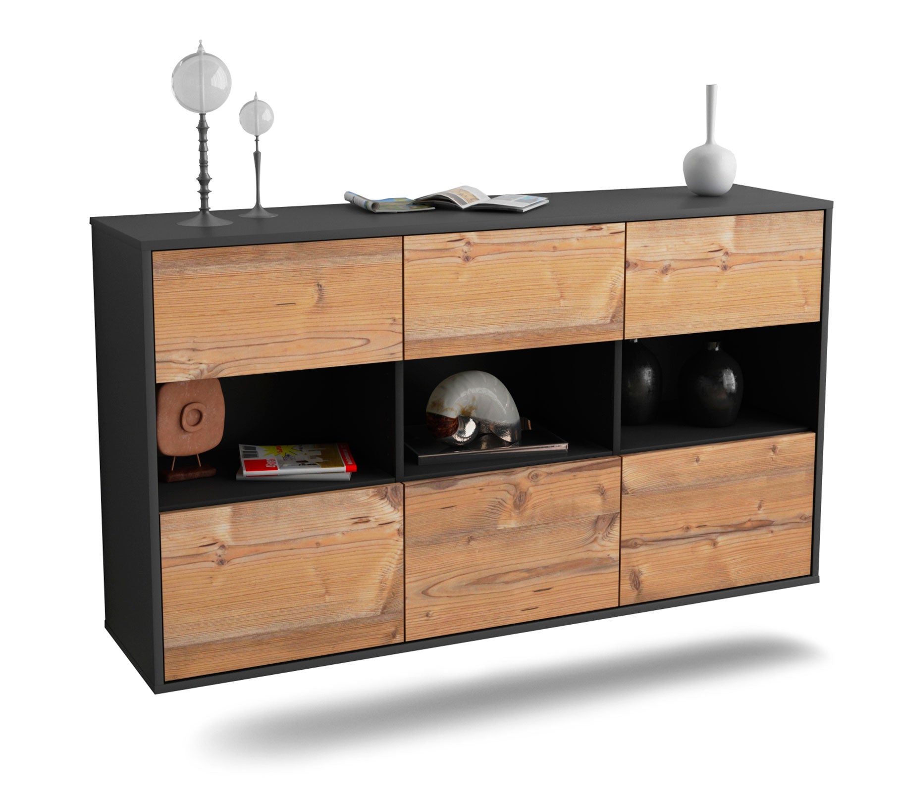 Sideboard Paterson | hängend | Korpus Anthrazit | Front in Pinie Holz Optik | 136x79x35cm (BxHxT) 1 Sideboard Paterson | hängend | Korpus Anthrazit | Front in Pinie Holz Optik | 136x79x35cm (BxHxT)
