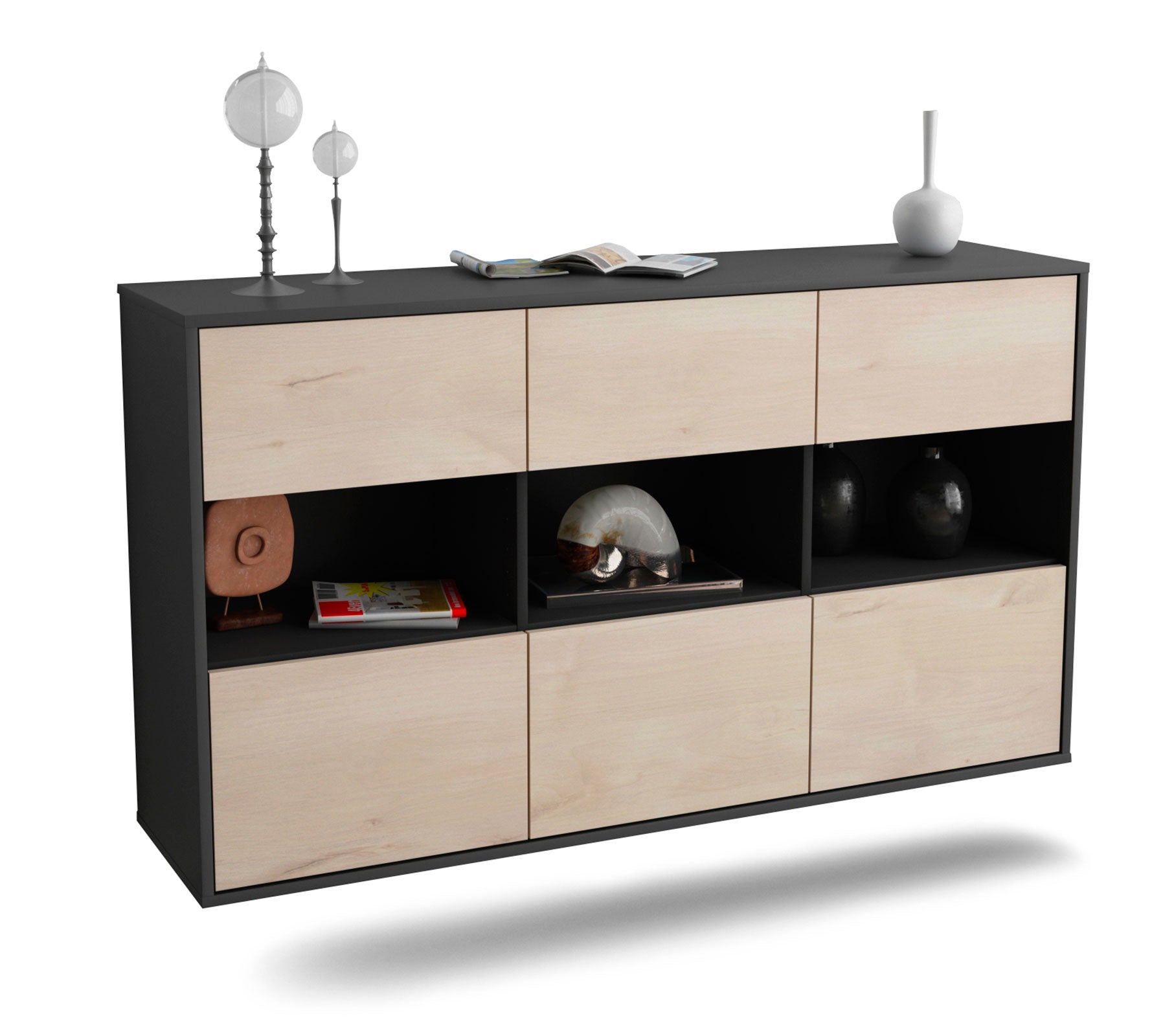 Sideboard Paterson | hängend | Korpus Anthrazit | Front in Zeder Holz Optik | 136x79x35cm (BxHxT) 1 Sideboard Paterson | hängend | Korpus Anthrazit | Front in Zeder Holz Optik | 136x79x35cm (BxHxT)